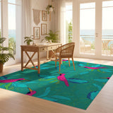 ODIKA Washable Teal Hummingbird Area Rug - Low Pile Non-Slip Botanical Rug for Living Room