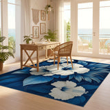 ODIKA Blue Hibiscus Floral Washable Area Rug - Low Pile Non-Slip Mat
