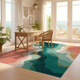 ODIKA Abstract Teal & Coral Washable Area Rug - Low Pile Non-Slip & Pet Friendly