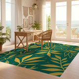 ODIKA Washable Emerald Green and Gold Botanical Leaf Area Rug - Low Pile & Non-Slip