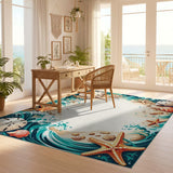 ODIKA Washable Coastal Starfish & Seashell Area Rug - Low Pile Non-Slip Beach Decor