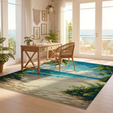 ODIKA Tropical Beach Palm Tree Washable Area Rug - Low Pile, Non-Slip & Pet Friendly
