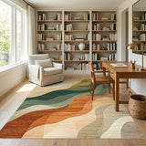 Washable Abstract Wavy Area Rug - Green & Earth Tones, Non-Slip Low Pile