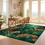 ODIKA Jungle Wildlife Washable Area Rug - Green Tropical Forest Tiger & Deer Low Pile