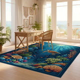 ODIKA Washable Sea Turtle & Coral Reef Kids Area Rug - Non-Slip Low Pile Ocean Decor