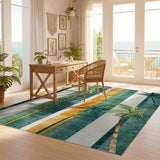 ODIKA Tropical Palm Tree Striped Machine Washable Area Rug - Low Pile Non-Slip Pet Friendly