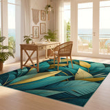 ODIKA Tropical Teal & Gold Leaf Washable Area Rug - Low Pile Non-Slip Indoor Carpet
