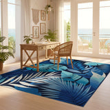 ODIKA Blue Tropical Leaf Washable Area Rug - Low Pile Non-Slip Botanical Rug