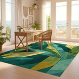 ODIKA Abstract Emerald Green Tropical Leaf Washable Low Pile Area Rug - Non-Slip & Pet Friendly