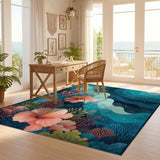 ODIKA Washable Tropical Coral Reef & Hibiscus Floral Low Pile Rug