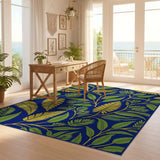 ODIKA Washable Navy Blue Tropical Leaf Area Rug - Low Pile Non-Slip Botanical Carpet