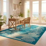ODIKA Under the Sea Coral Reef Washable Area Rug - Teal & Cream Coastal Low Pile Non-Slip Rug
