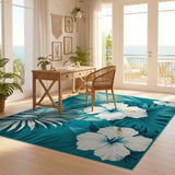 ODIKA Tropical Teal Hibiscus Washable Rug - Low Pile Non-Slip Coastal Area Rug