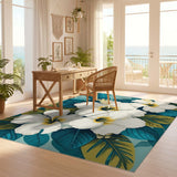 ODIKA Tropical Hibiscus White Floral Washable Area Rug - Low Pile Non-Slip Floor Decor