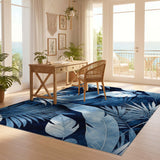 ODIKA Navy Blue Tropical Palm Leaf Washable Area Rug, Low Pile Non-Slip Botanical Rug