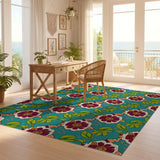 ODIKA Washable Vintage Floral Area Rug - Low Pile Teal & Burgundy Non-Slip Non-Shedding Carpet