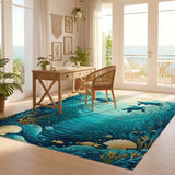 ODIKA Sea Turtle Underwater World Washable Area Rug - Low Pile Non-Slip Ocean Theme Decor