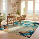 ODIKA Washable Tropical Beach Coastal Area Rug - Low Pile, Non-Slip, Pet & Kid Friendly Seashell Print