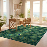 ODIKA Peacock Feather Pattern Washable Area Rug - Low Pile Non-Slip Emerald Rug