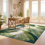 Tropical Palm Leaf Washable Area Rug - Low Pile Non-Slip Botanical Green Rug
