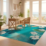 ODIKA Tropical Hibiscus Teal Washable Area Rug - Low Pile & Non-Slip