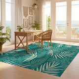 ODIKA Washable Tropical Palm Leaf Area Rug - Teal & Cream Non-Slip Low Pile Rug
