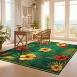 ODIKA Tropical Hibiscus Floral Washable Area Rug - Low Pile Non-Slip Carpet