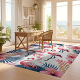 Tropical Flamingo Washable Area Rug - Low Pile Non-Slip Hibiscus Floral Print