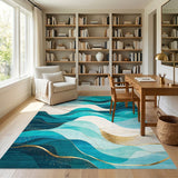 Washable Modern Abstract Teal & Gold Wave Area Rug - Low Pile, Non-Slip