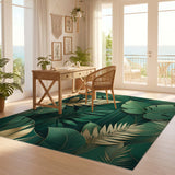ODIKA Emerald Green & Gold Tropical Leaf Washable Area Rug - Art Deco Modern Low Pile