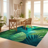 ODIKA Tropical Palm Leaf Washable Area Rug - Green Low Pile Non-Slip Botanical Rug
