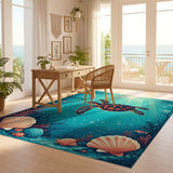 ODIKA Sea Turtle Underwater Washable Area Rug - Teal & Coral Low Pile Non-Slip Kids Play Mat, OEKO-TEX Certified