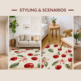 Ultra Soft Area Rug, Non Slip, Stain Resistant, Washable Area Rugs for Living Room, Bedroom, Charming Cherry Blossom Bow Rug with Playful Fruit Motifs and Coquette Flair(Red)