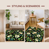 Ultra Soft Area Rug, Non Slip, Stain Resistant, Washable Area Rugs for Living Room, Bedroom, Vibrant Floral Motif on Black(White)