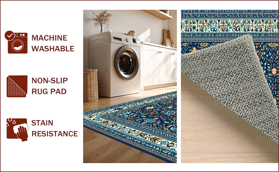 Ultra Soft Area Rug, Non Slip, Stain Resistant, Washable Area Rugs for Living Room, Bedroom, Vintage Boho Oriental Jungle(Blue) - ODIKA