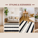 Ultra Soft Area Rug, Non Slip, Stain Resistant, Washable Area Rugs for Living Room, Bedroom, Artful Boho Linear Motif(Black)