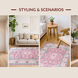 Ultra Soft Area Rug, Non Slip, Stain Resistant, Washable Area Rugs for Living Room, Bedroom, Classic Ethnic Tiled Composition(Pink)