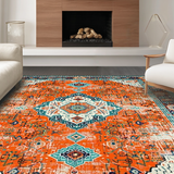 Ultra Soft Area Rug, Non Slip, Stain Resistant, Washable Area Rugs for Living Room, Bedroom, Bold Vibrant Medallion Composition(Orange)