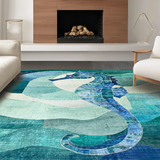 Ultra Soft Area Rug, Non Slip, Stain Resistant, Washable Area Rugs for Living Room, Bedroom, Seahorse Motif Rug with Oceanic Teal and Blue Hues and Contemporary Wave Design(Blue)