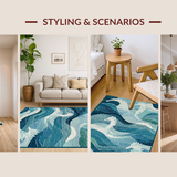Ultra Soft Area Rug, Non Slip, Stain Resistant, Washable Area Rugs for Living Room, Bedroom, Coastal Seahorse Low Pile Rug with Oceanic Blue Swirls and Nautical Motifs(Blue)