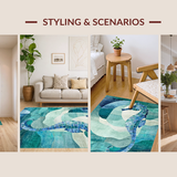 Ultra Soft Area Rug, Non Slip, Stain Resistant, Washable Area Rugs for Living Room, Bedroom, Seahorse Motif Rug with Oceanic Teal and Blue Hues and Contemporary Wave Design(Blue)