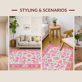 Ultra Soft Area Rug, Non Slip, Stain Resistant, Washable Area Rugs for Living Room, Bedroom, Whimsical Pink & Green Floral Fusion(White)