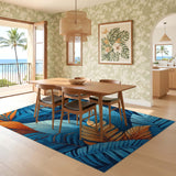 ODIKA Washable Tropical Leaf Area Rug - Non-Slip Low Pile Botanical Blue & Orange Rug