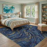 Blue Gold Marble Swirl Area Rug
