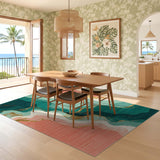 ODIKA Abstract Teal & Coral Washable Area Rug - Low Pile Non-Slip & Pet Friendly
