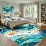 Coastal Ocean Waves Area Rug with Starfish and Seashells