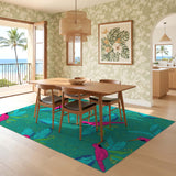 ODIKA Washable Teal Hummingbird Area Rug - Low Pile Non-Slip Botanical Rug for Living Room