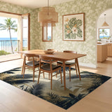 ODIKA Washable Low Pile Tropical Palm Leaf Rug - Vintage Navy & Gold