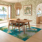 ODIKA Tropical Palm Leaf & Hibiscus Washable Low Pile Area Rug