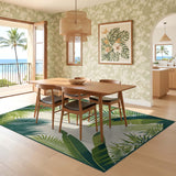 Tropical Palm Leaf Washable Area Rug - Low Pile Non-Slip Botanical Green Rug
